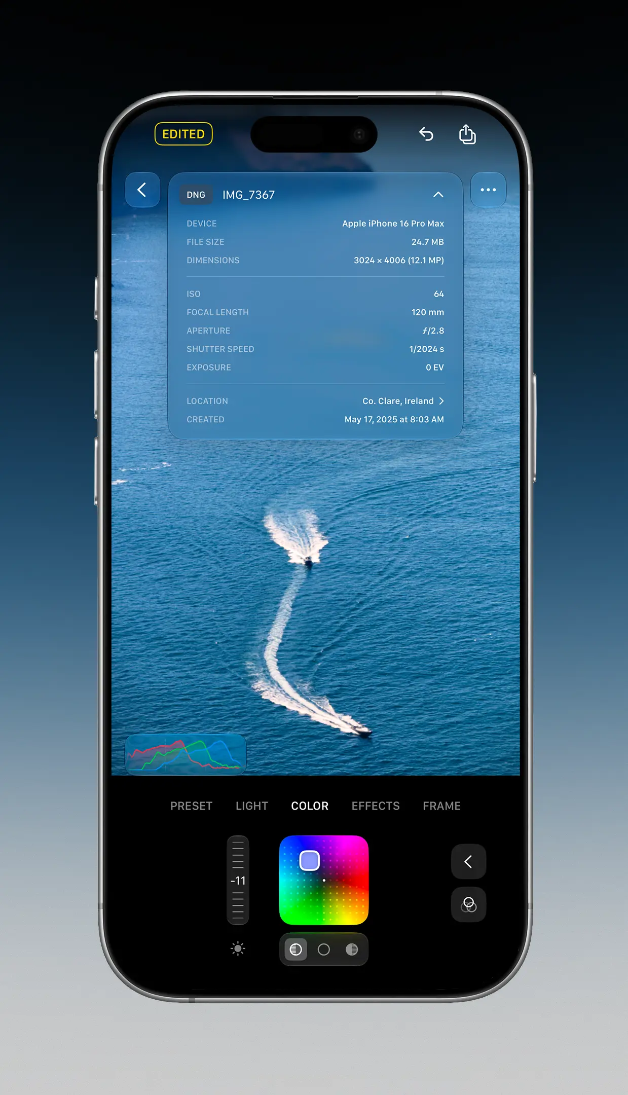 Sunbeam's color-grading interface with a photo of boats at sea